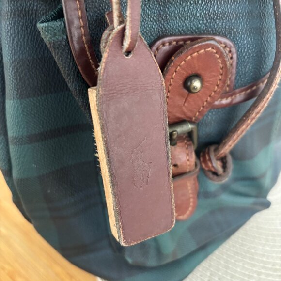 RARE Vintage Polo Ralph Lauren Blackwatch Tartan Plaid Backpack/Bag Leather Trim - Picture 5 of 12